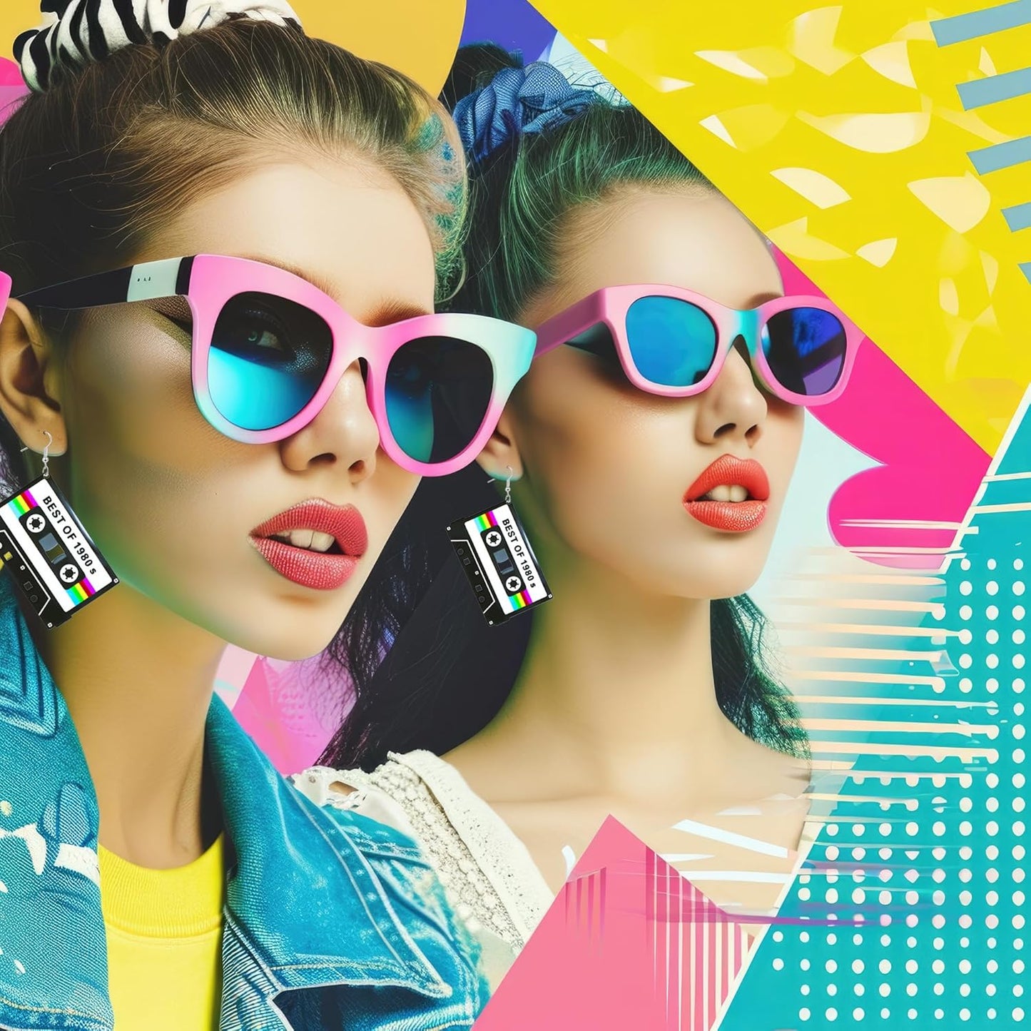 80s 90s Neon Earrings for Women Retro Cassette Tape Hoop Earring Candy Color Lightweight Acrylic Stud Dangle Earrings for 80S Costume Outfits Dancing Glow Party Accessories