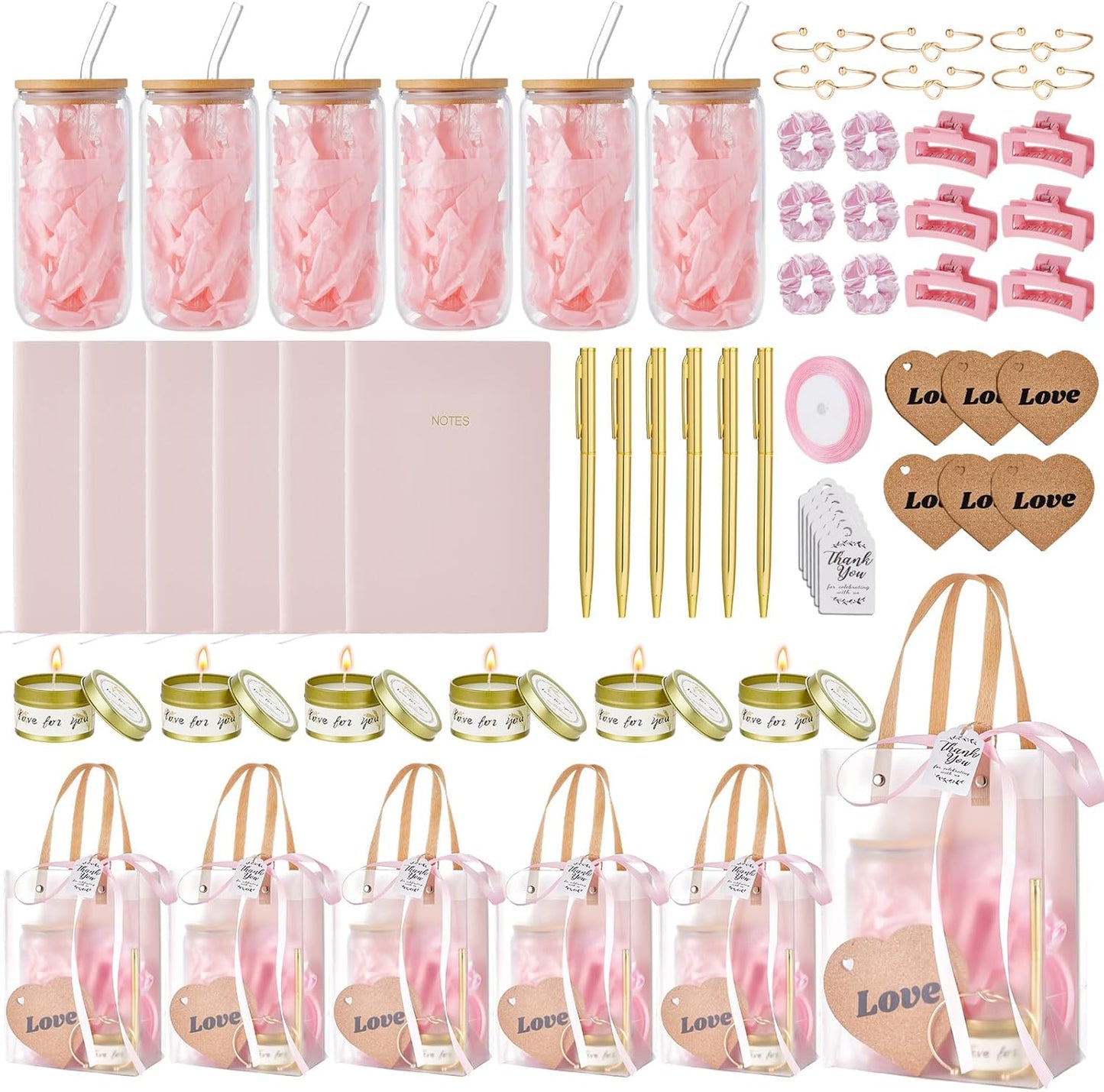68Pcs Baby Shower Prizes for Game Winners Gifts Wedding Bridal Shower Gifts Including Glass Cans Notebooks Soy Candles Hair Clips for Baby Shower Wedding Bridal Shower Game Prizes (6, Pink)