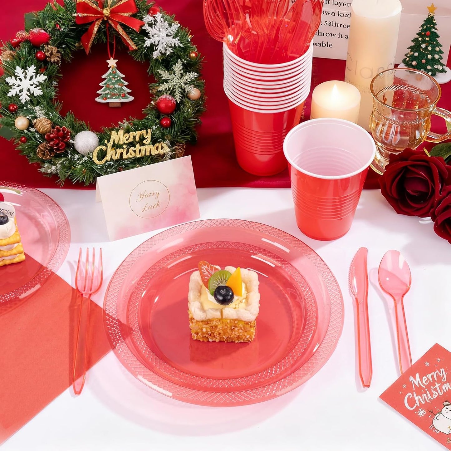 WELLIFE 210Pcs Clear and Red Christmas Plates Set,Red Plastic Plates,Christmas Party Supplies Including disposable Plates, 12OZ Cups, plastic Cutlery and Napkins Serve 30 Guests