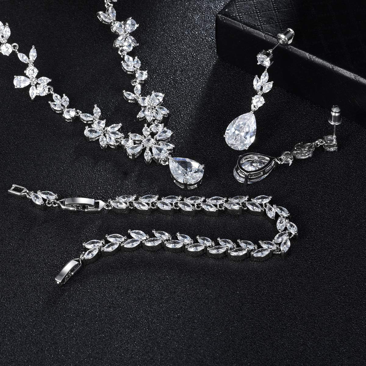 Hadskiss Jewelry Set for Women, Necklace Dangle Earrings Bracelet Set with White AAA Cubic Zirconia, Allergy Free Wedding Party Jewelry for Bridal Bridesmaid
