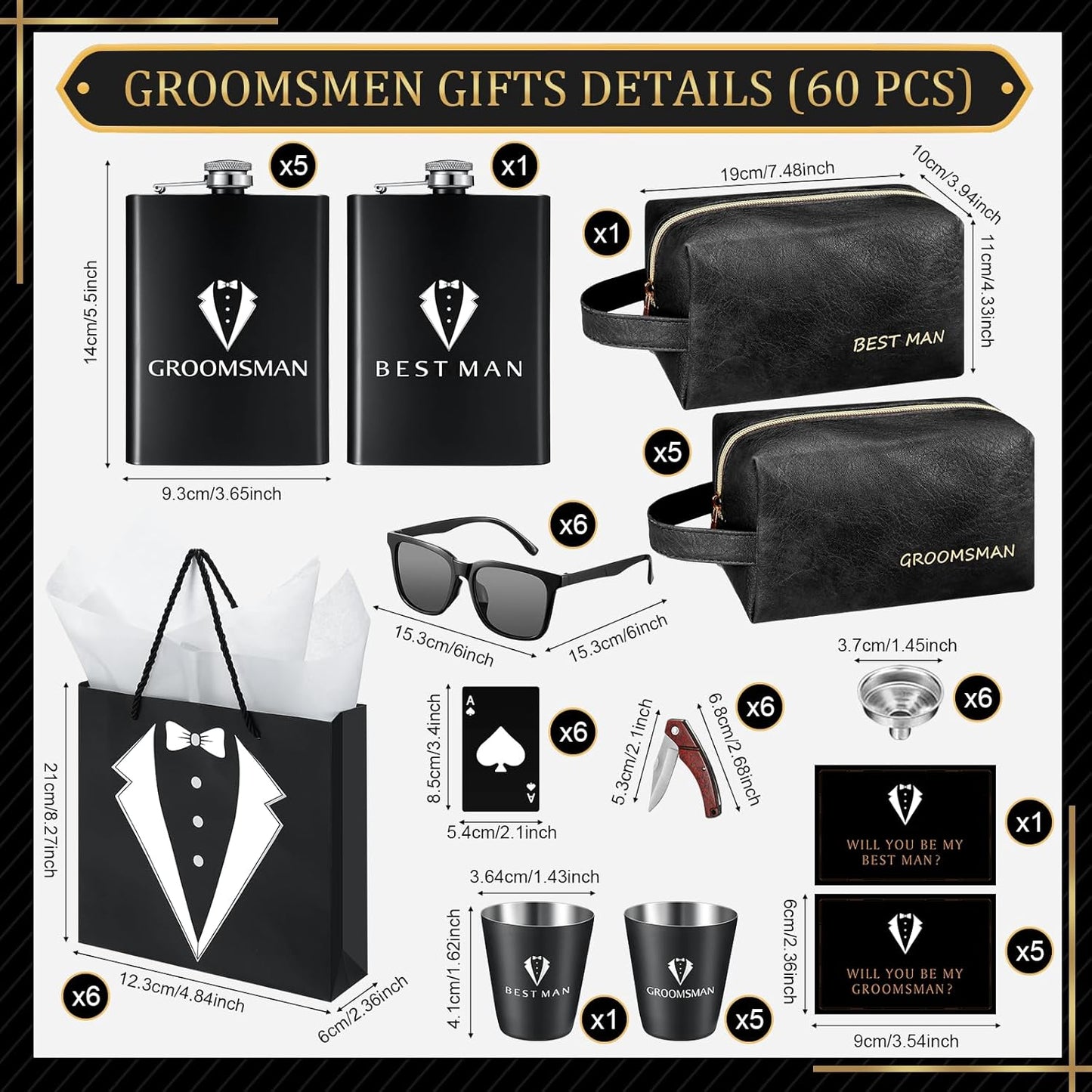 60Pcs Groomsmen Gifts Groomsmen Proposal Box with Flasks Sunglasses PU Leather Toiletry Bag Bottle Opener for Wedding Groomsman Best Man Gift (Black)