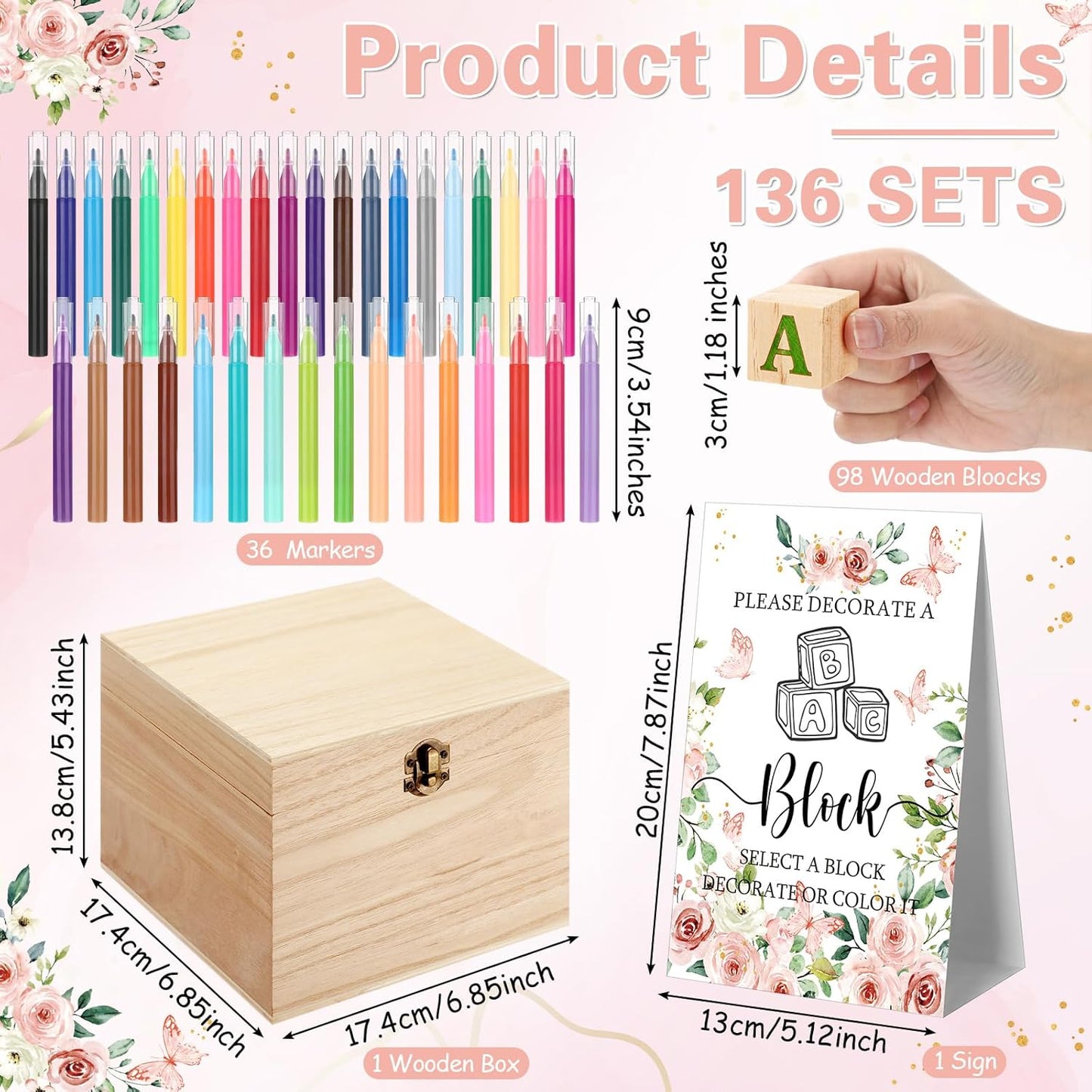 Marsui 136 Pcs Baby Shower Blocks to Decorate Game Kit Includes 98 Wooden Blocks, 36 Markers, 1 Game Sign, 1 Storage Box for Baby Shower Gender Reveal Activity Party Decorations(Flower)
