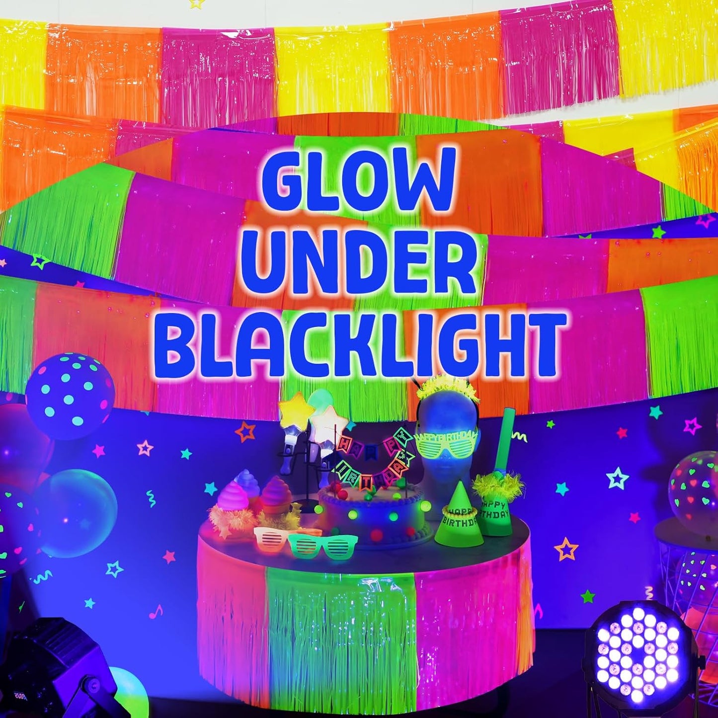 Mega-L Glow in The Dark Party Supplies, 4 Pack Foil Fringe Garland Birthday Party Decorations 9.8 ft Fluorescent Macaron Orange, Yellow and Fuchsia Metallic Tinsel Banner, Photo Booth Prop Table Skirt