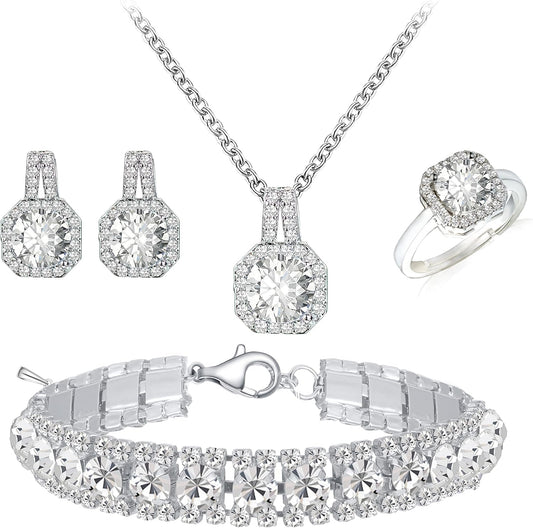 4pcs Cubic Zirconia Wedding Jewelry Sets for Bride Bridesmaid Cubic Zirconia Pendant Necklace Earrings Link Tennis Bracelet Open Ring Set for Women