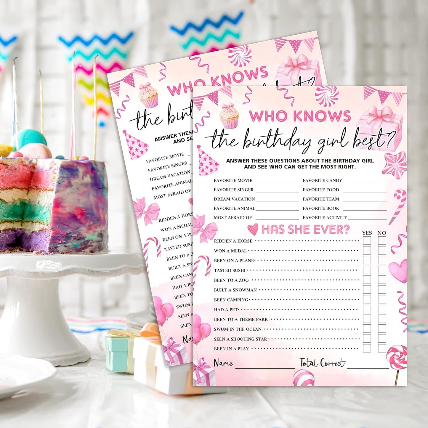 Birthday Party Games Card, Who Knows The Birthday Girl Best, Girls Sleepover Party Supplies for The Girls Card Game, 5x7 Inch Set of 25 Game Cards (Pink, Double-Sided) - A04