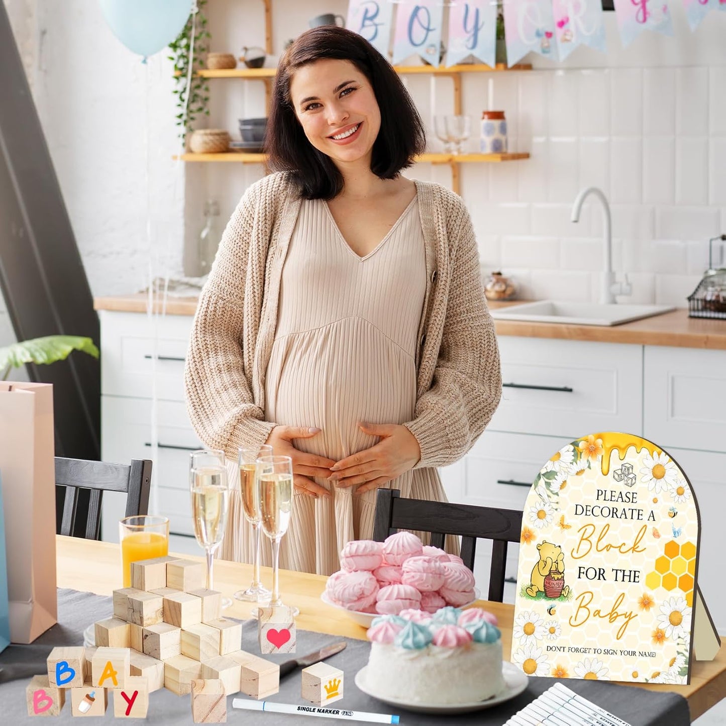 Winnie Baby Shower Games Kit,The Pooh Baby Shower Decor, Winnie Babies Games with 50 Blank Wooden Blocks, 24 Acrylic Paint Marker and Wooden Sign, The Pooh Babies Game Sign for Boys Girls