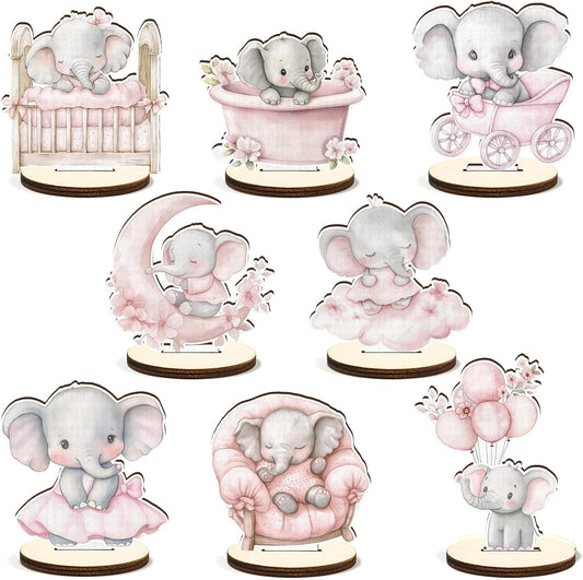 16 Pcs Wooden Baby Shower Table Centerpiece Pink Elephant Tabletop Detachable Sign It's A Girl Gender Reveal Table Toppers Display Decoration Elephant Birthday Photo Props Party Favor Supplies