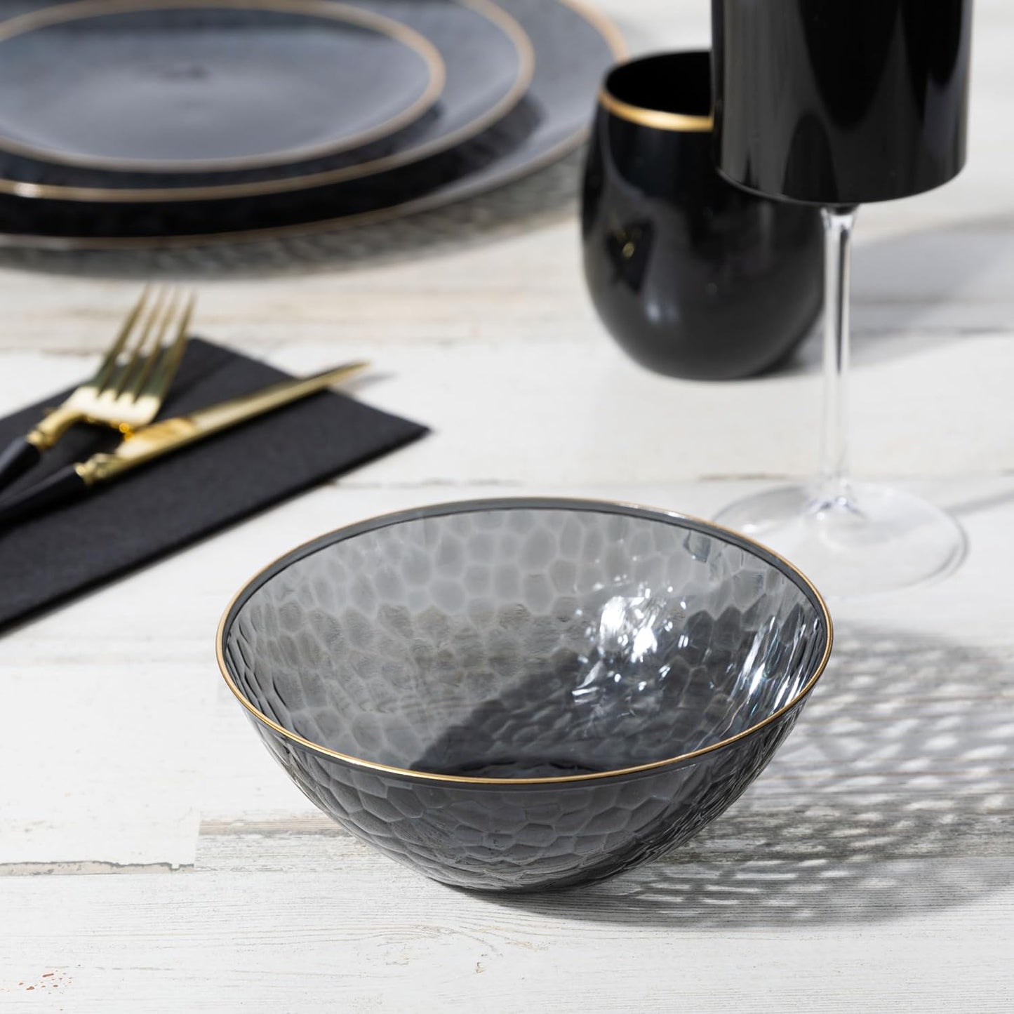 PLASTICPRO 30 Pack 12 Ounce Hammered Plastic Bowls Translucent Black with Gold Rim Heavyweight Disposable Plastic Soup Bowls Elegant Translucent Hammered Gold Rim Platsic Party Dishes