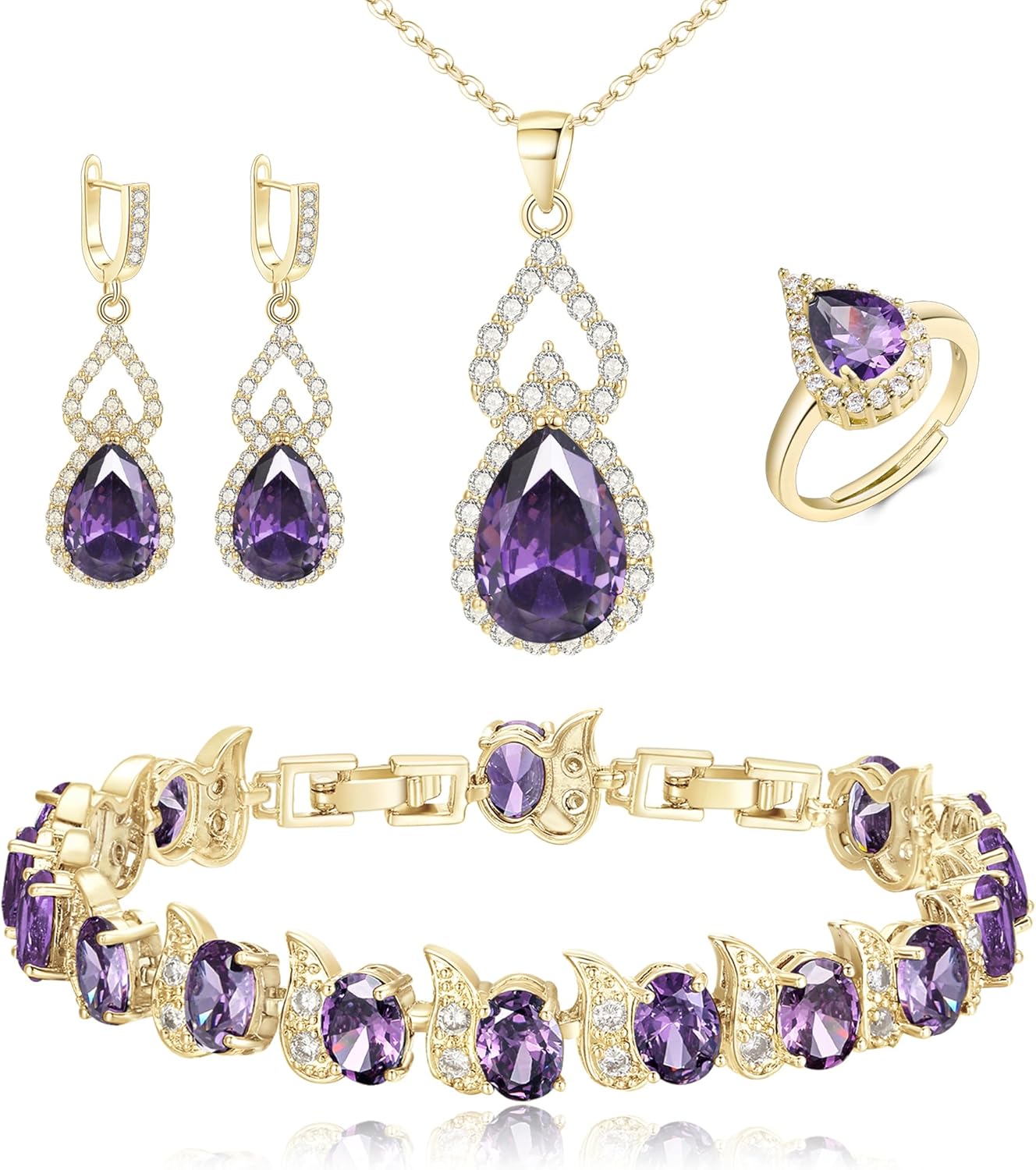 BriLove Wedding Jewelry Set for Women Bride Bridesmaid, Gorgeous Cubic Zirconia Teardrop Necklace Earrings Bracelet Adjustable Ring Jewelry Gift for Birthday/Anniversary/Mother’s Day