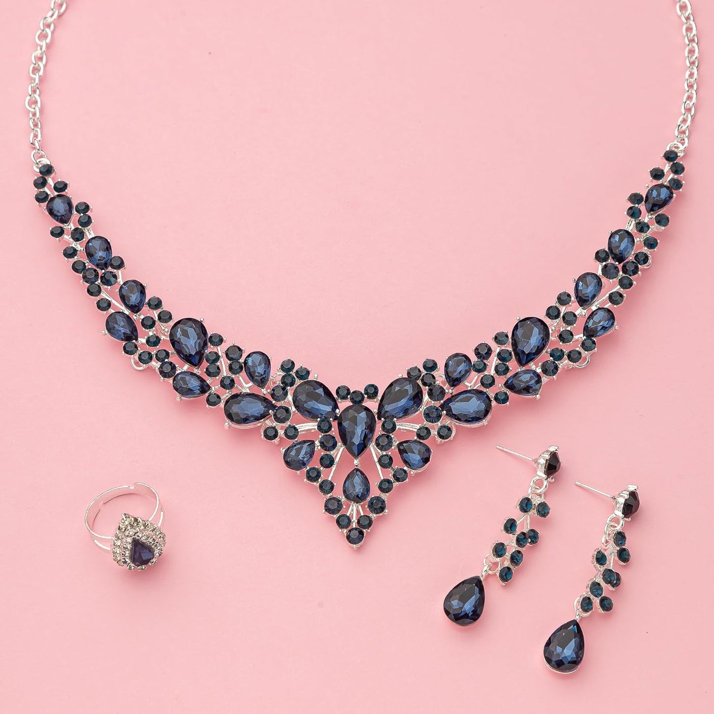 Crystal Bridal Wedding Jewelry Sets for Women Rhinestone Teardrop Crystal Statement Choker Necklace Drop Earrings Link Bracelets Rings Teardrop Jewelry Set for Brides Bridesmaids