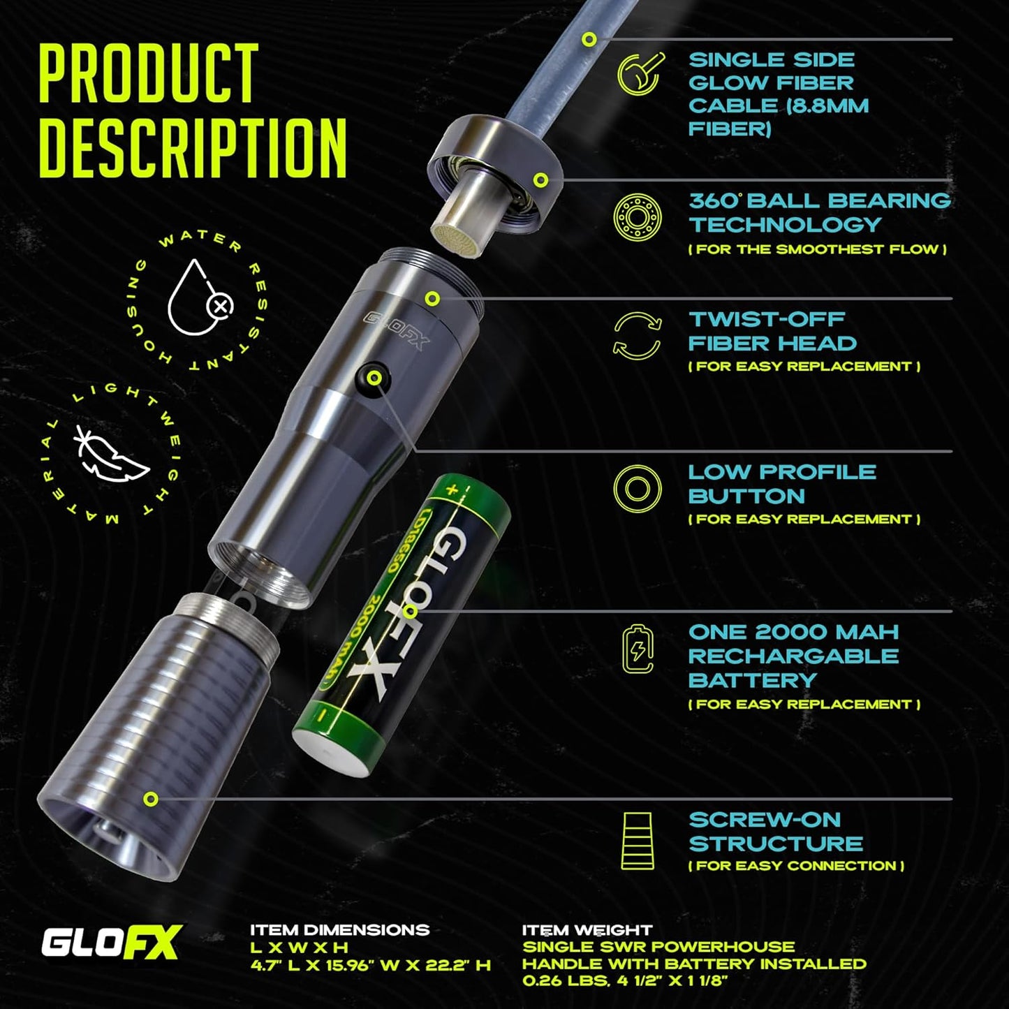 GloFX Cosmic Cable [PROGRAMMABLE LED Fiber Optic Light Cable] 6 Ft 360° Swivel 8 mm Diameter - Bright Light Up Rave Toy | EDM Flow Toy Light Painting