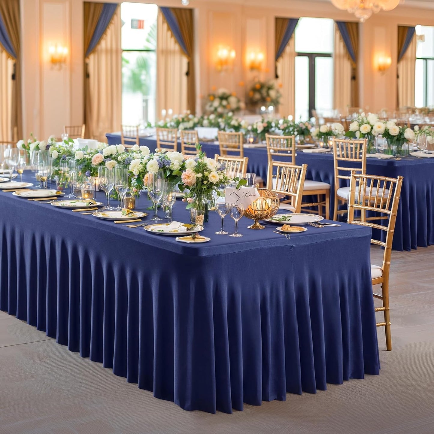 PARTISKY Navy Blue Spandex Tablecloth for 8ft Rectangle Tables, Stretchable Table Cover Skirt for Folding Tables Weddings Parties Banquets Events Trade Shows and Dessert Table