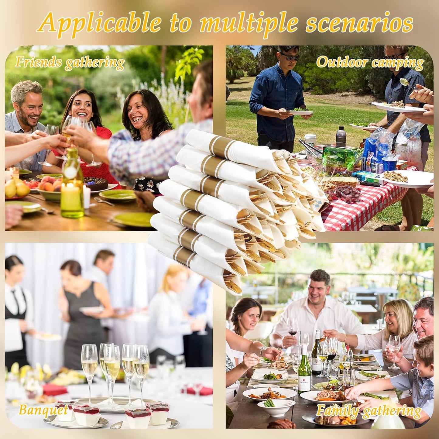 Supernal 120Pack Gold Plastic Silverware Wrapped Plastic Cutlery Set with Napkin,Pre Rolled Napkins with Cutlery Set,Rolled Silverware Disposable For Halloween Thanksgiving Christmas