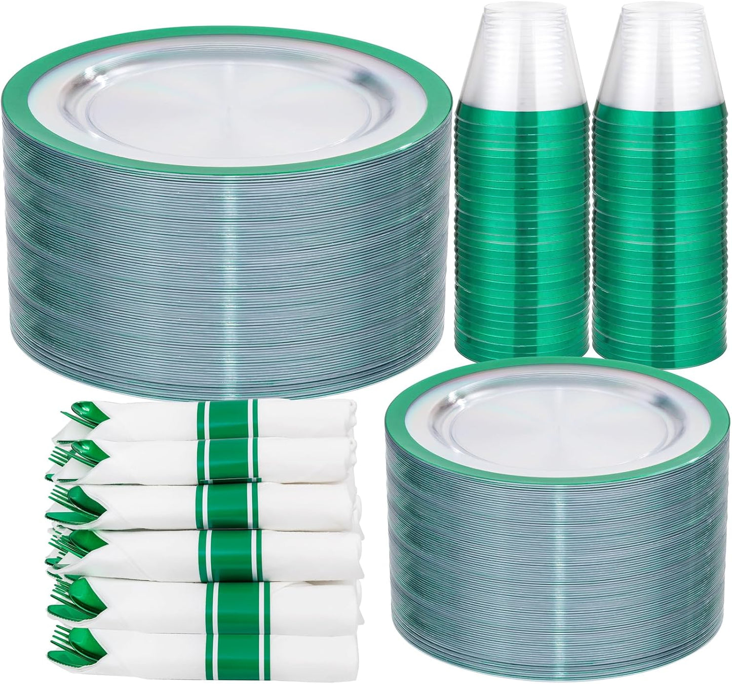 I00000 350 Pcs Green Plastic Plates-Clear Dinnerware Set for St. Patrick's Day Spring Decor,Include 100 Dinner and Dessert Plates,50 Plastic Cups 9 OZ,50 Per Rolled Napkins with Cutlery