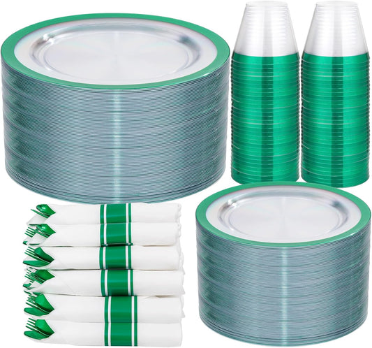 I00000 350 Pcs Green Plastic Plates-Clear Dinnerware Set for St. Patrick's Day Spring Decor,Include 100 Dinner and Dessert Plates,50 Plastic Cups 9 OZ,50 Per Rolled Napkins with Cutlery