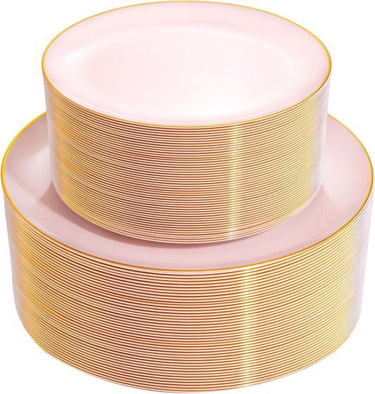 PULOTE 100PCS Pink Plastic Plates - Heavy Duty Pink and Gold Disposable Plates for Party, Wedding & Mother’s Day, Include 50 Dinner Plates and 50 Dessert Plates