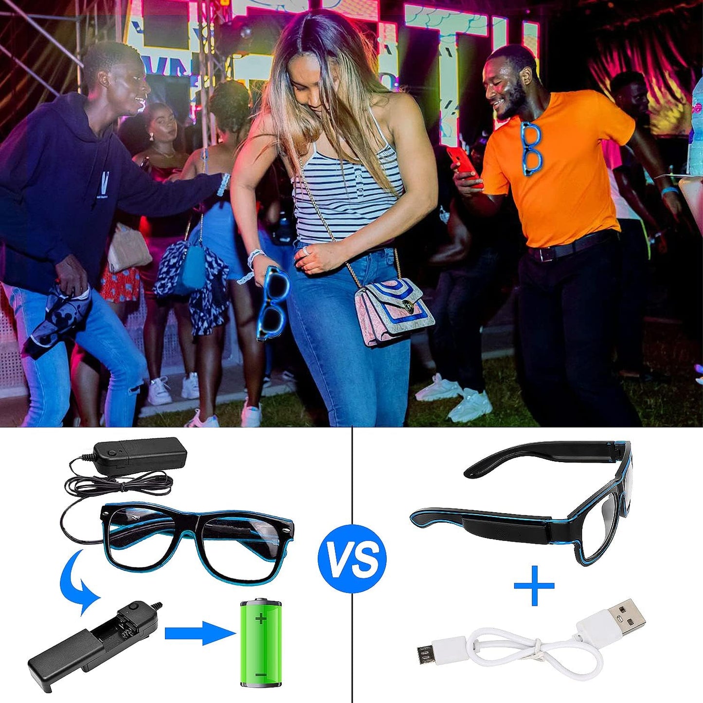 YouRfocus Wireless Led Light up Glasses 2 Pack Glow in The Dark Neon Rave Glasses for Rave Party, EDM, Halloween, Christmas (Blue + Green)