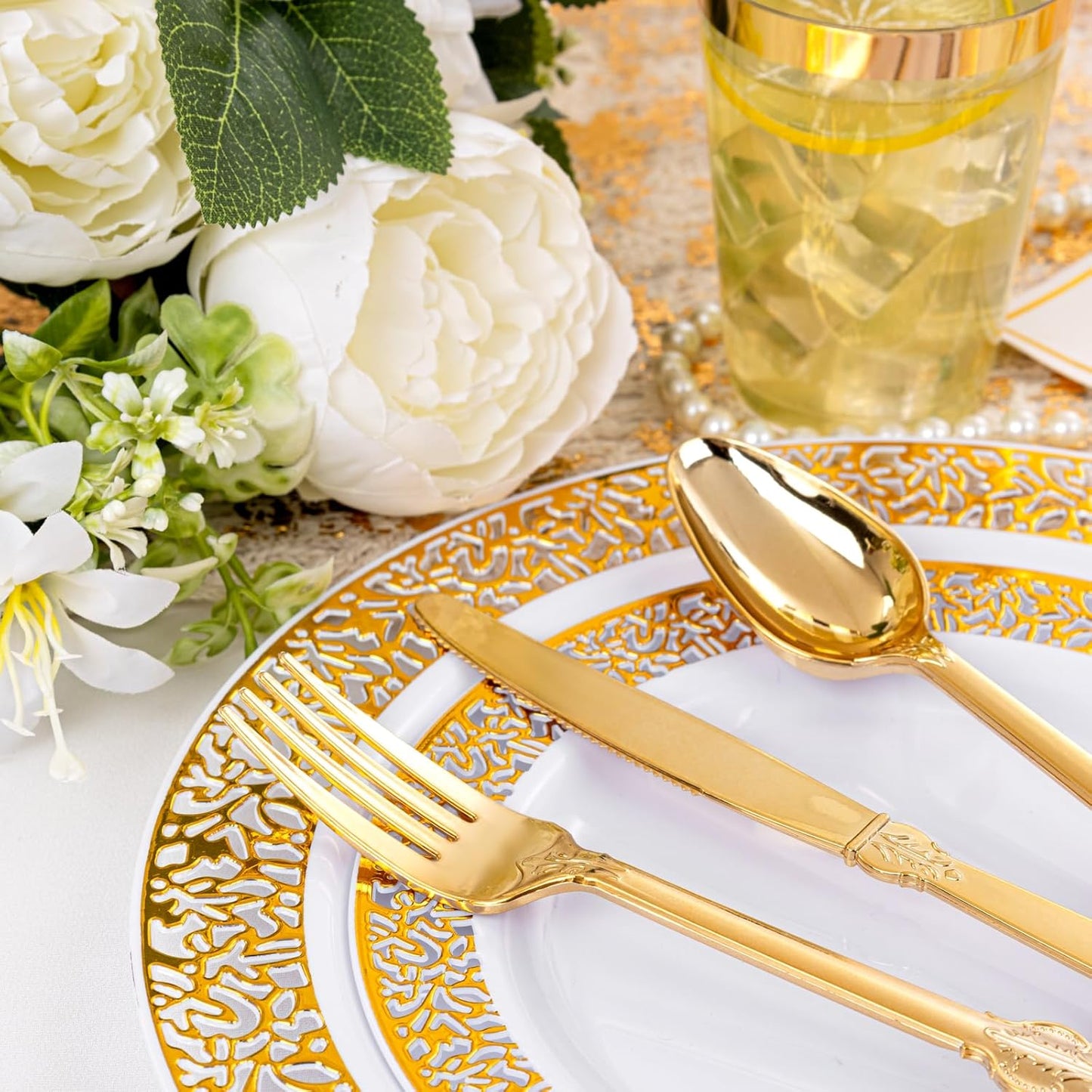 bUCLA 350PCS Gold Plastic Plates Disposable - Gold Plastic Dinnerware Set Include 50 Dinner / 50 Dessert Plates, 50 Forks, 50 Knives, 50 Spoons, 50 Cups, 50 Napkins for Party & Thanksgiving