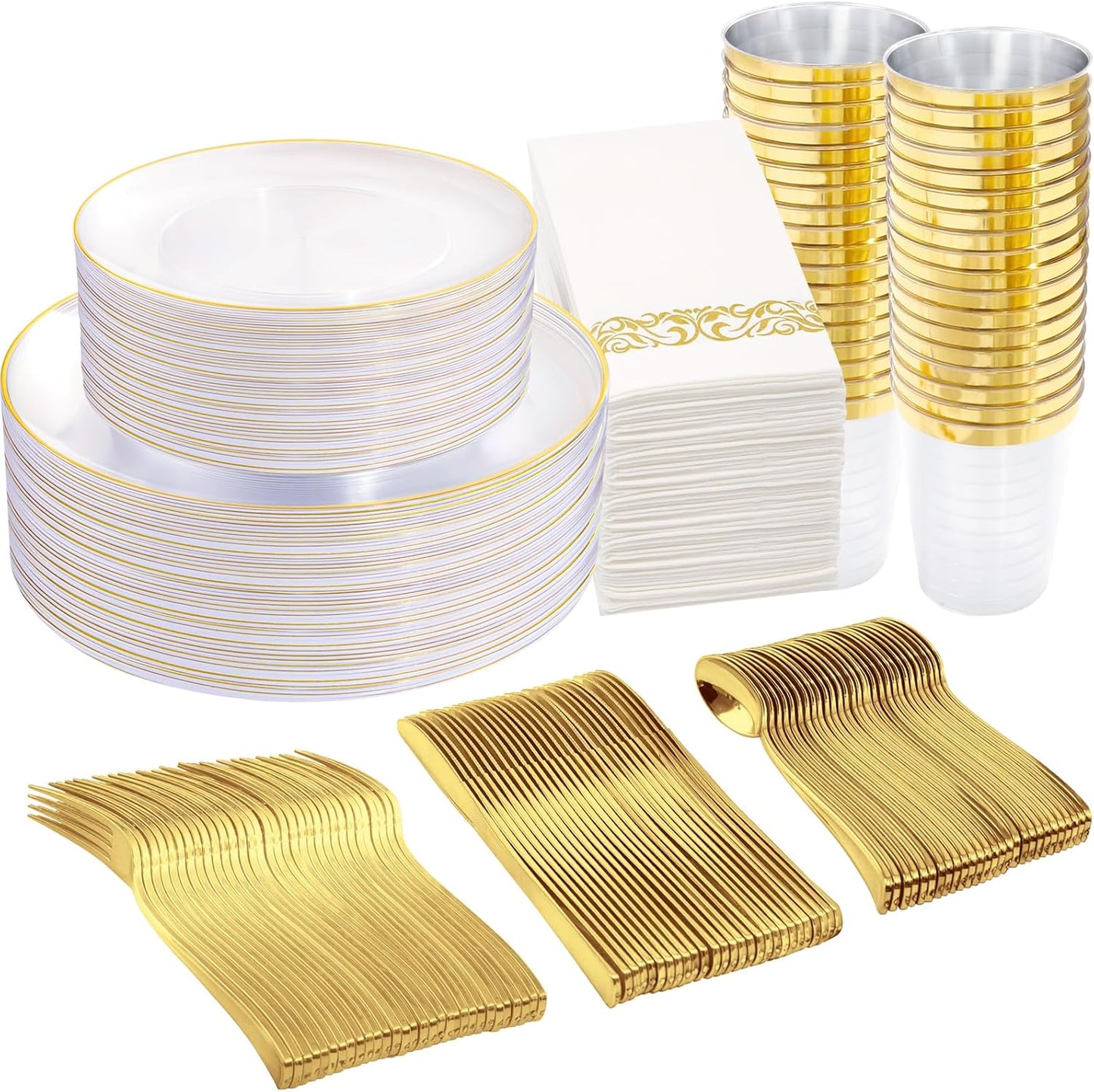 Supernal 350PCS Clear and Gold Plastic Dinnerware Set Include Clear Disposable Plates, Gold Plastic Silverware Heavy Duty, Cups and Napkins for Birthday, Weddings, Parties