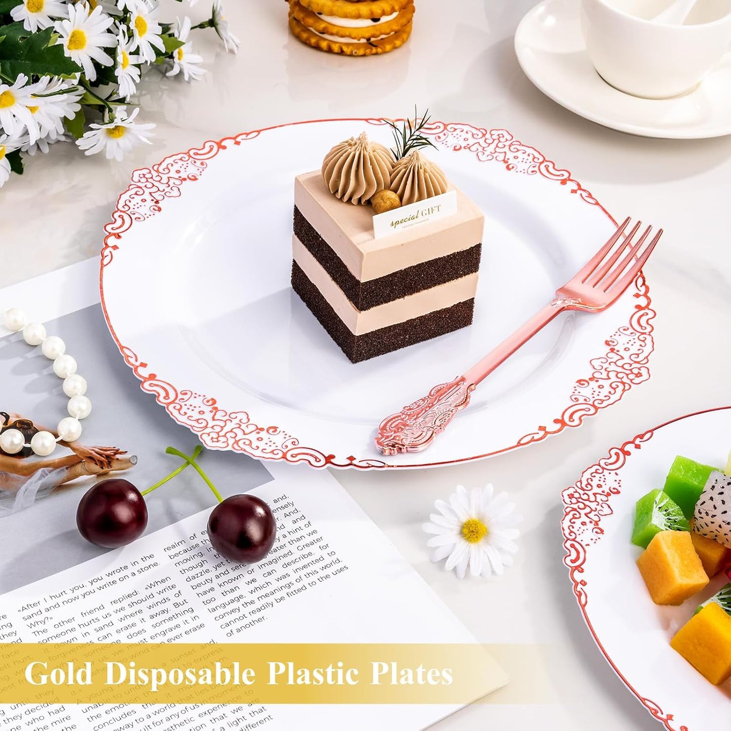 Goodluck 100PCS Rose Gold Plastic Plates – 10.25” Heavy Duty Disposable Dinner Plates & Party Plates for Weddings, Parties, Events – Elegant, Sturdy