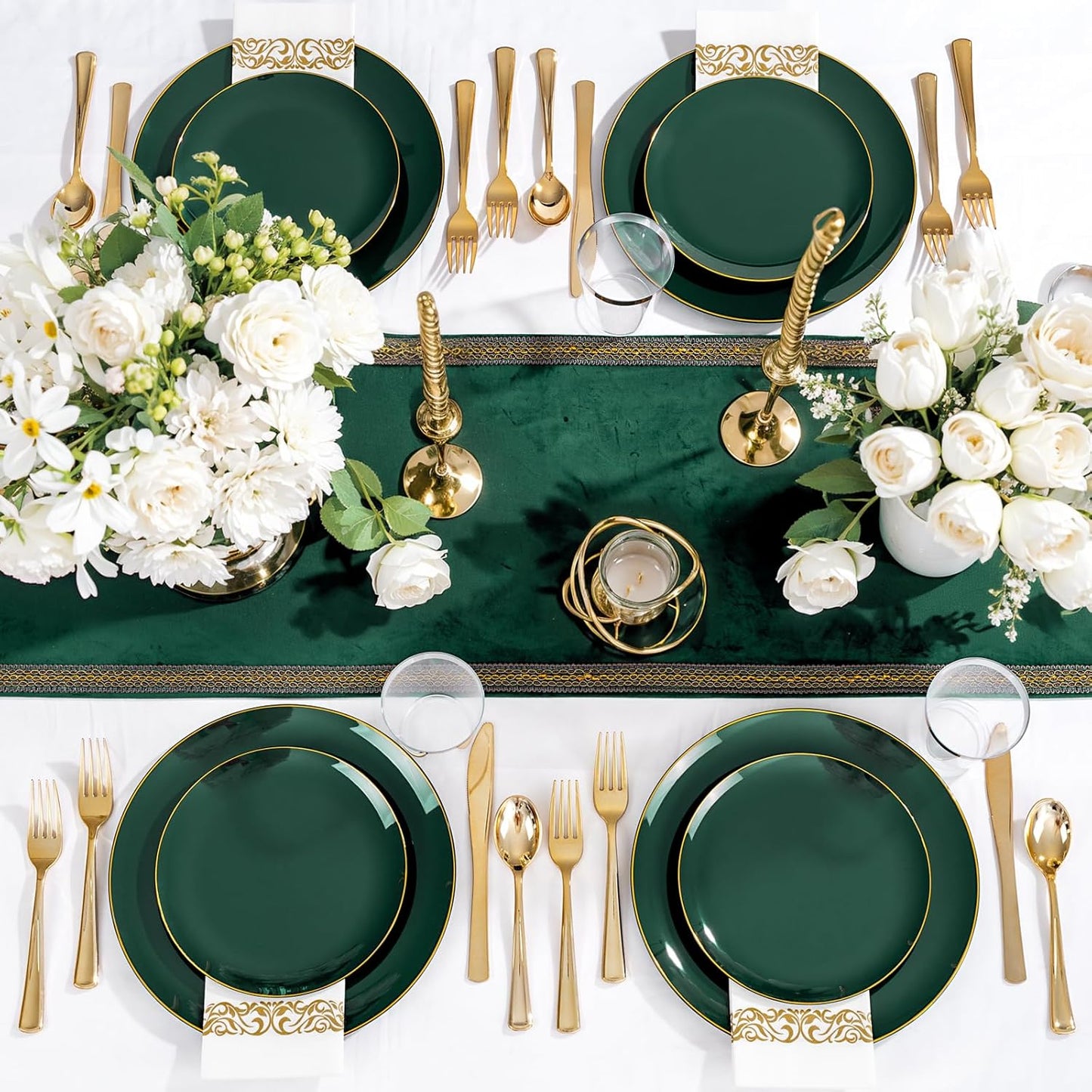 YOUBET 175PCS Green Plastic Plates - Green and Gold Disposable Plates Include 50 Plate, 75 Silverware, 25 Cups, 25 Napkins for Wedding & Party & Christmas