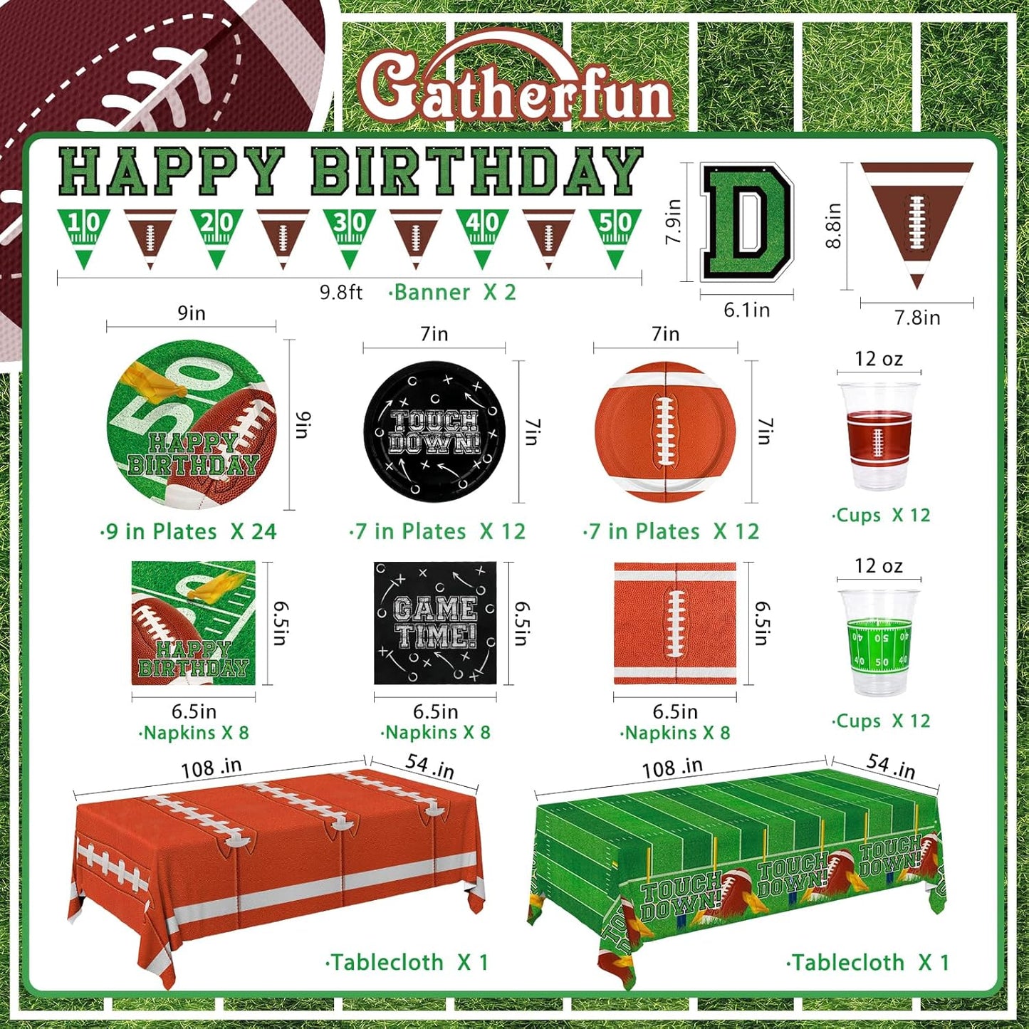 Football Birthday Party Decorations Kit for 24: Football Party Supplies Set with Plates, Dessert Plates, Napkins, Cups, Banner & Touchdown Tablecloth - for Football Tailgate Party Decorations