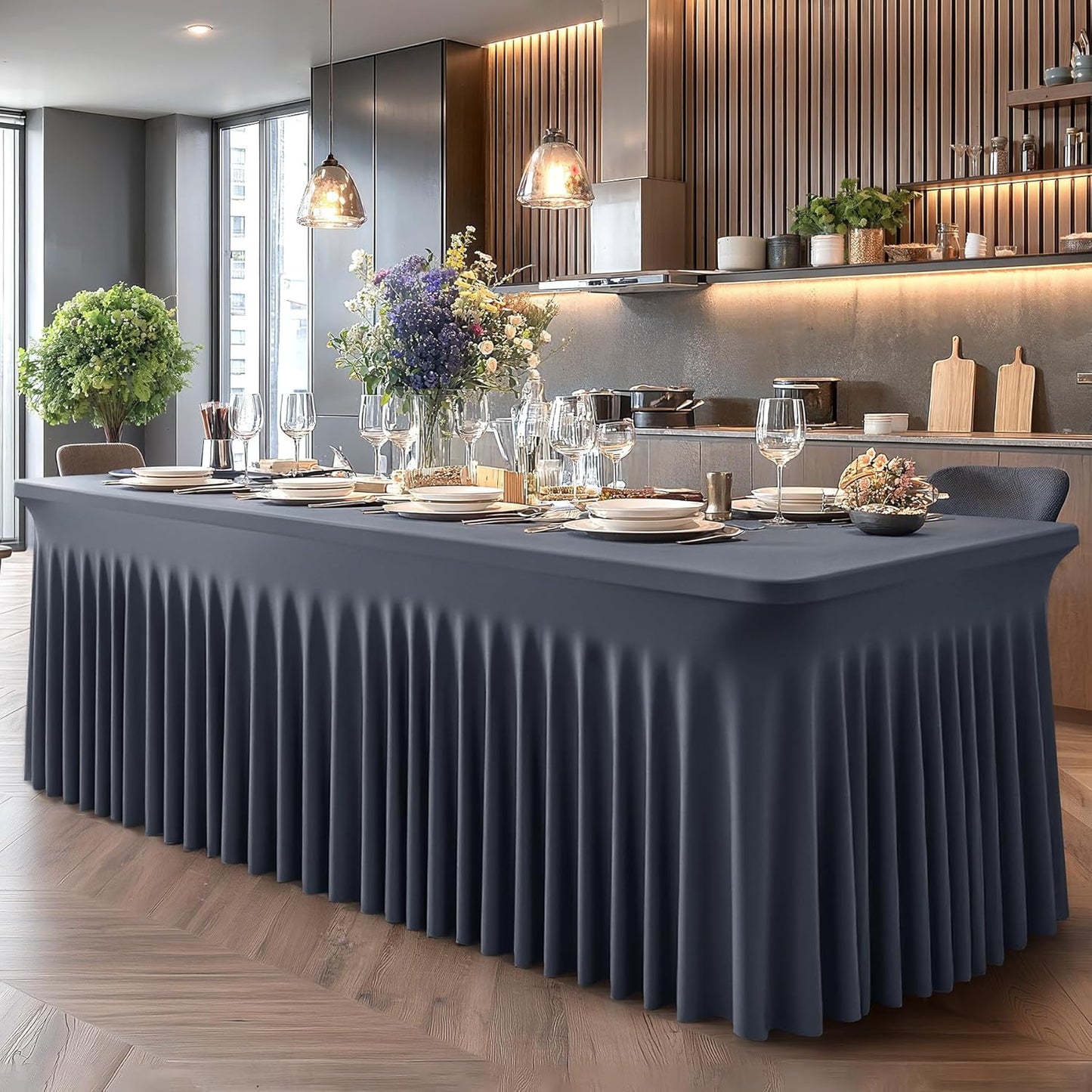 6 Packs Grey Table Clothes for 6 Foot Rectangle Tables, One-Piece Wrinkle Resistant Stretch Spandex Table Covers with Skirt for Event Banquet Wedding Birthday Party