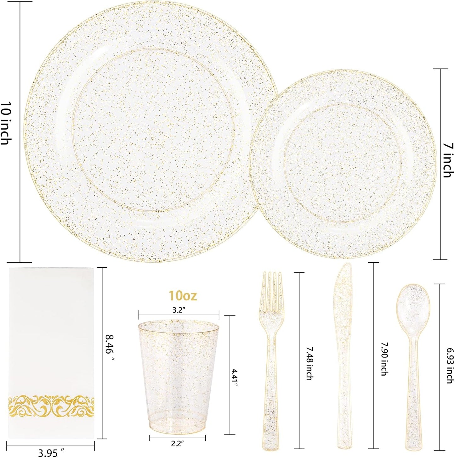 Supernal 400pcs Gold Glitter Plastic Dinnerware, Disposable Plates for Party Include 50 Gold Plastic Plate, 50pcs Dessert Plate 100 Glitter Forks, 50 Disposable Knives and Spoons, 50Cups and Napkins