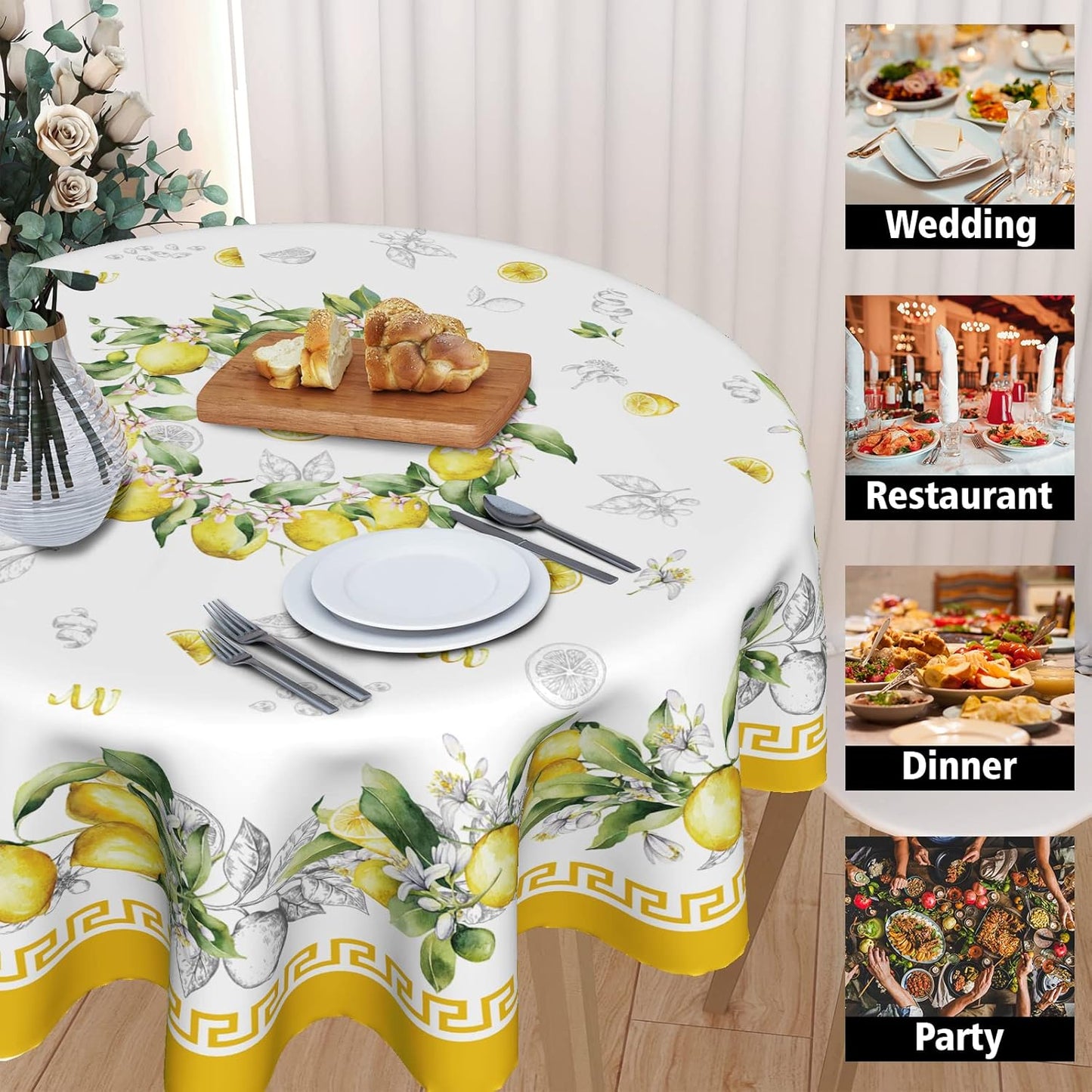 Giwawa Lemon Round Tablecloth 60 inch, Yellow Citrus Fruit Summer Flower Table Cover, Vintage Style Wrinkle Free Circular Table Cloth for Kitchen Dining Party Holiday Decor