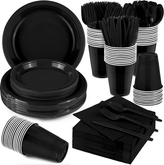 Aodaer 400 Pieces Black Party Supplies Disposable Dinnerware Set Include Plastic Plates Cups Knives Forks Spoons Paper Napkins for Birthday Wedding Graduation Parties, Serve 50 Guests