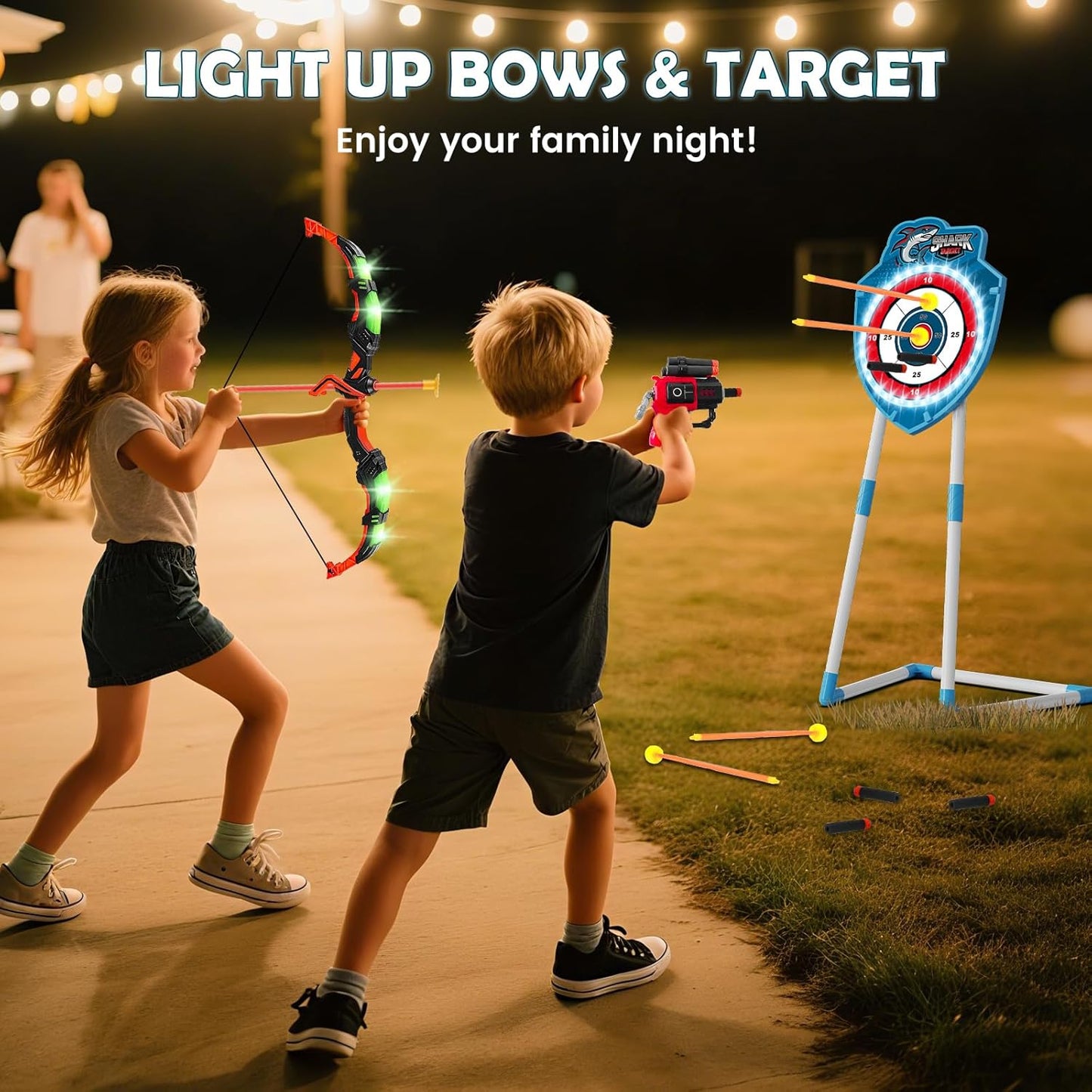 VATOS 2 Pack Bow and Arrow Toy with LED Light - 4 in 1 Archery & Dart Game Set with 20 Suction Cup Arrows, Shark Glow Target & Dart Board - Indoor/Outdoor Birthday Gift for Kids Boys Girls Ages 5-12