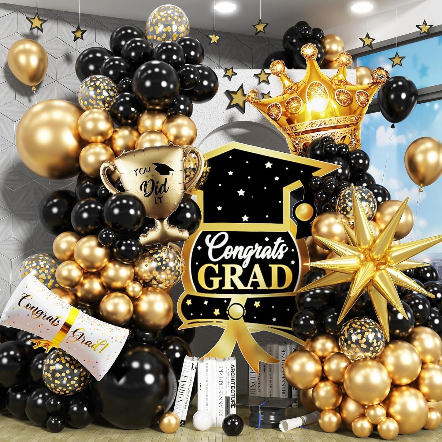 Graduation Decorations Class of 2025 Black and Gold Balloons Arch kit, 120 Pcs Congratulations Graduation Balloon with Gold Confetti Balloons Explosion Star Certificate Trophies Crown Foil Balloon