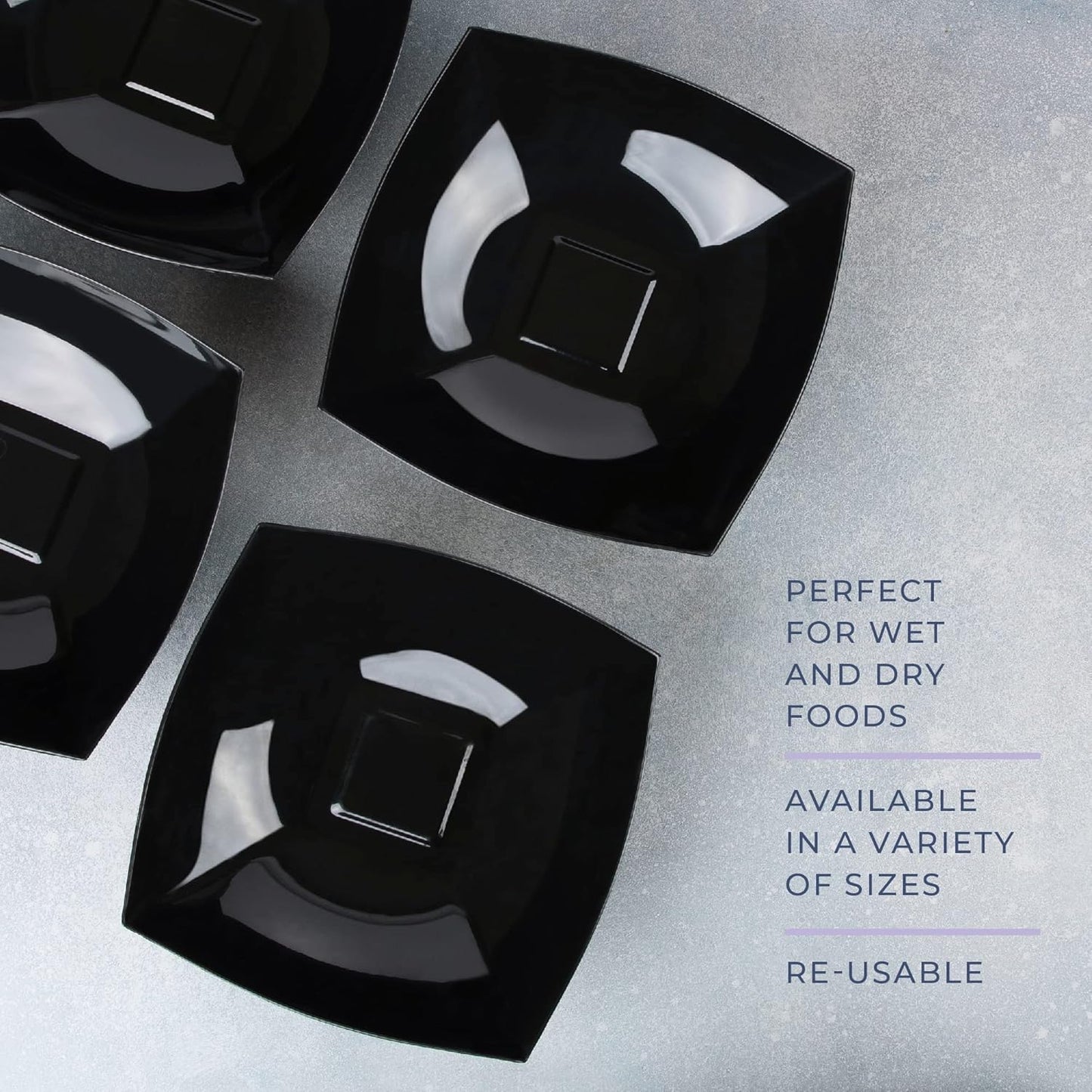 PLASTICPRO Disposable Square Serving Bowls, Party Snack or Salad Bowl, Plastic Black Pack of 4, 64 OUNCE, Black