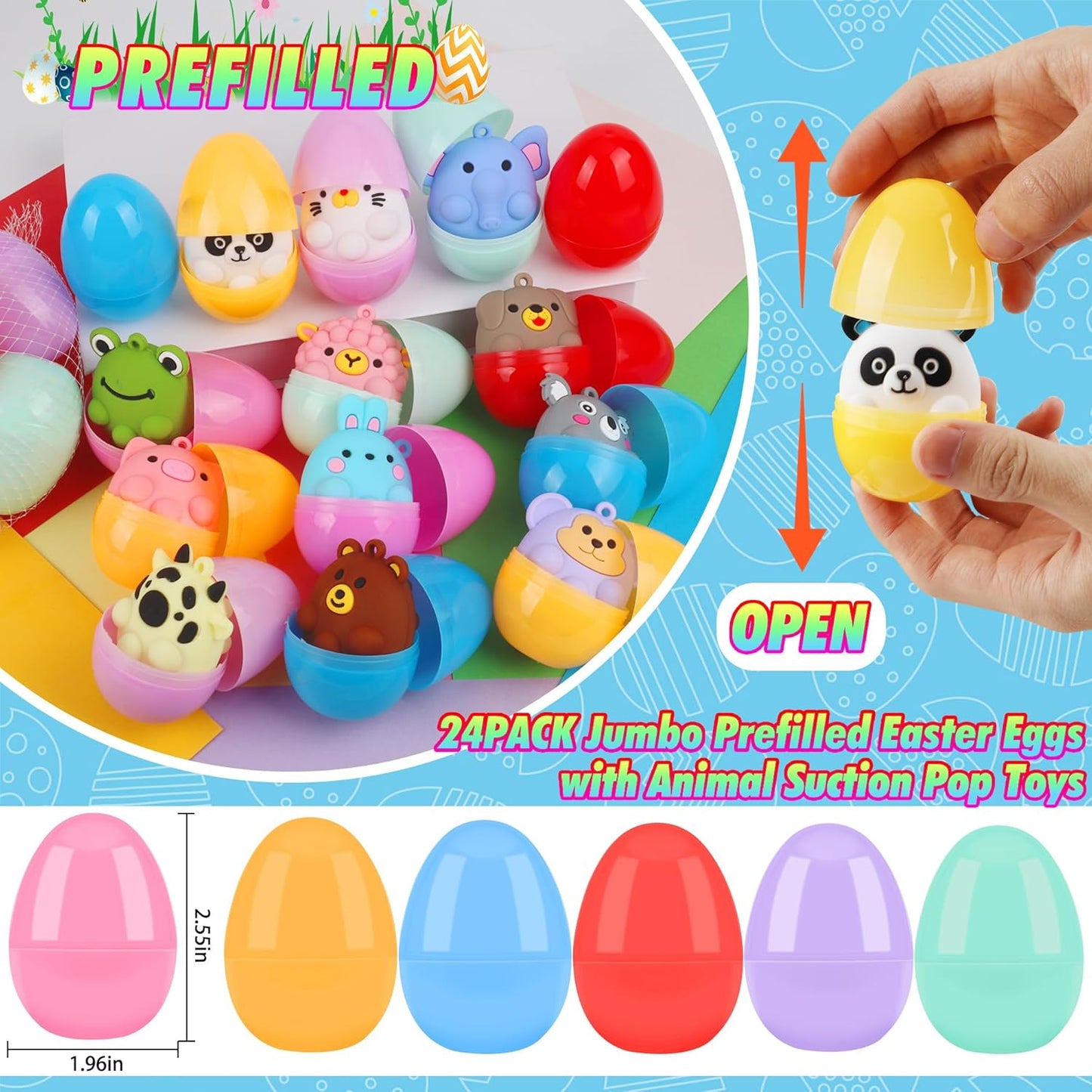 24 Pack Prefilled Easter Eggs with Animal Pop Toys, Filled Easter Eggs for Egg Hunt, Easter Basket Stuffers for Kids,Easter Party Favors Prizes, Prefilled Easter Eggs with Toys