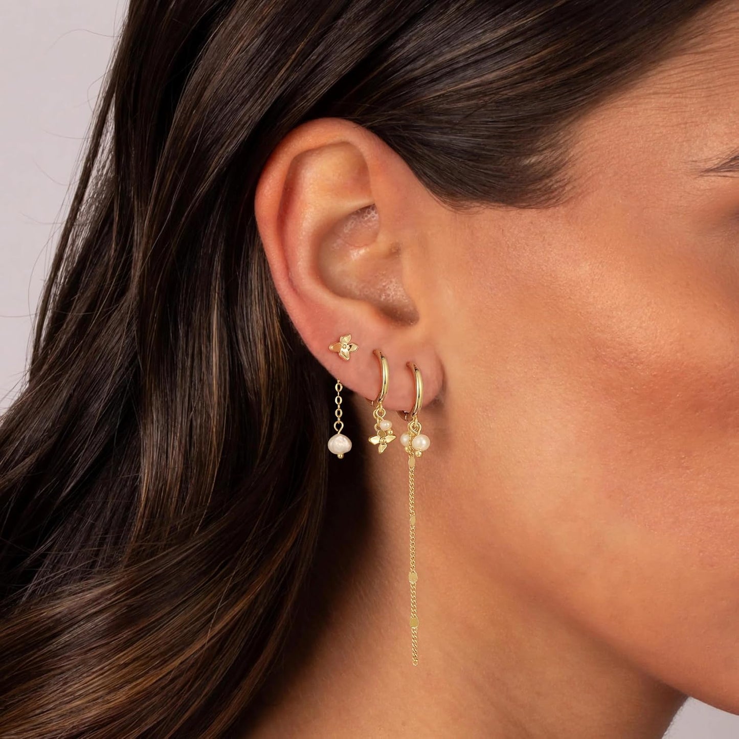 Moodear Gold Earrings for Women No Tarnish - Trendy 14K Gold Plated Pearl Hoop Studs Chain Earrings Stacks for Women Wedding Jewelry Gift