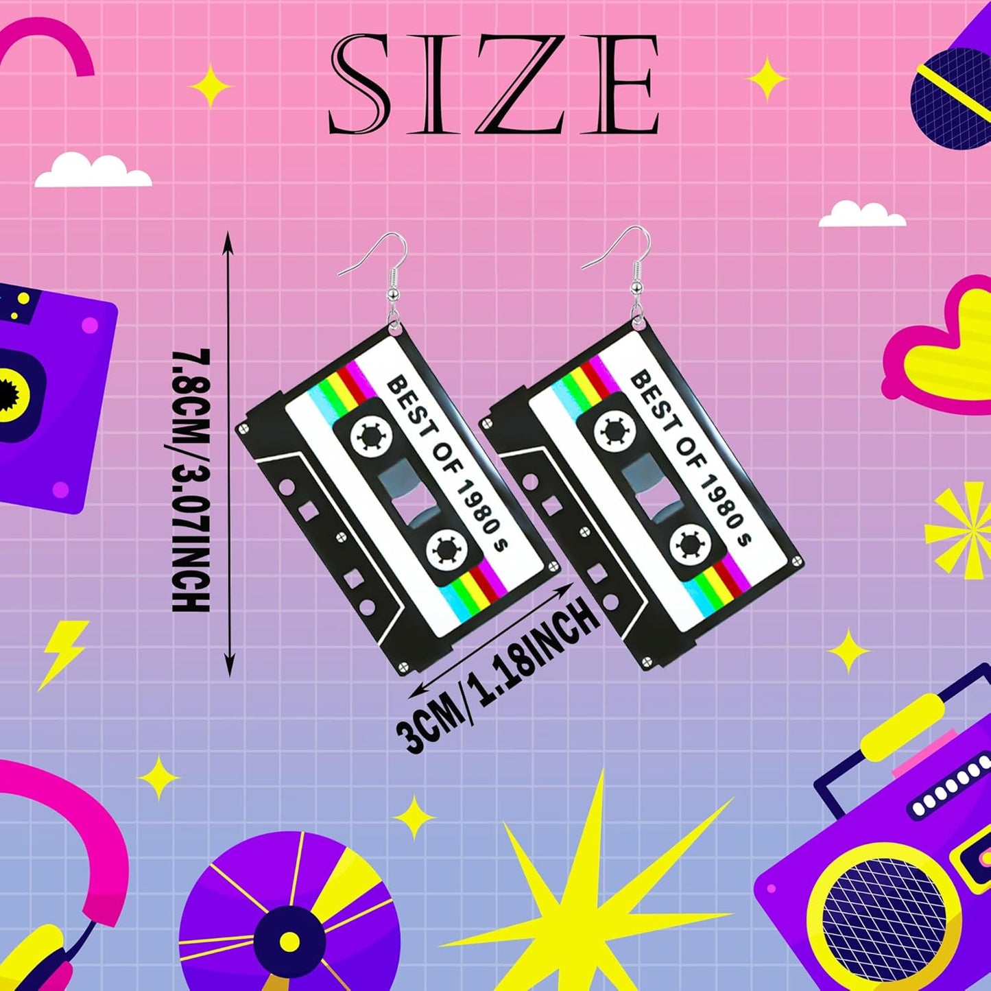 80s 90s Neon Earrings for Women Retro Cassette Tape Hoop Earring Candy Color Lightweight Acrylic Stud Dangle Earrings for 80S Costume Outfits Dancing Glow Party Accessories