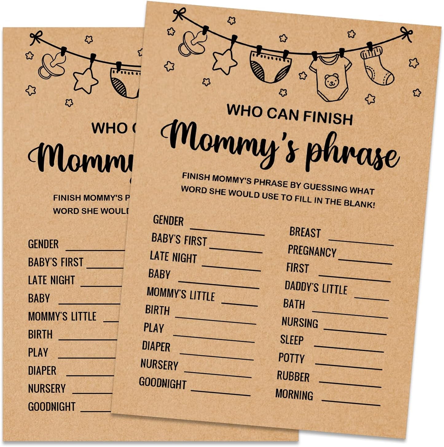 Baby Shower Game, Who Can Finish Mommy's Phrase Game Cards, Set of 30 Cards, Baby Shower Party Games Supplies & Activities, Gender Reveal Games For Guests, Baby Shower Ideas, Kraft