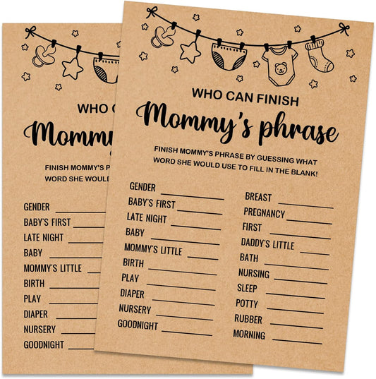 Baby Shower Game, Who Can Finish Mommy's Phrase Game Cards, Set of 30 Cards, Baby Shower Party Games Supplies & Activities, Gender Reveal Games For Guests, Baby Shower Ideas, Kraft