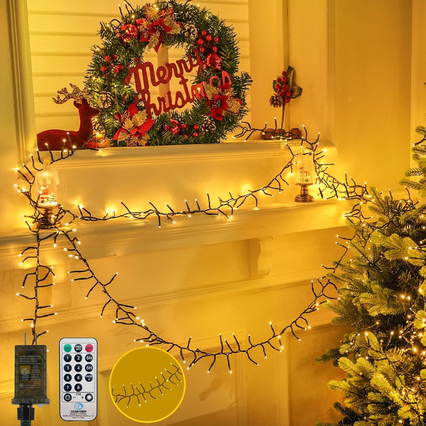 100FT 2000 LED Cluster Christmas Lights, Christmas Tree Lights Outdoor Indoor with 8 Modes & Timer & Remote, Firecrackers String Lights Waterproof for Garland Party Xmas Decorations, Warm White