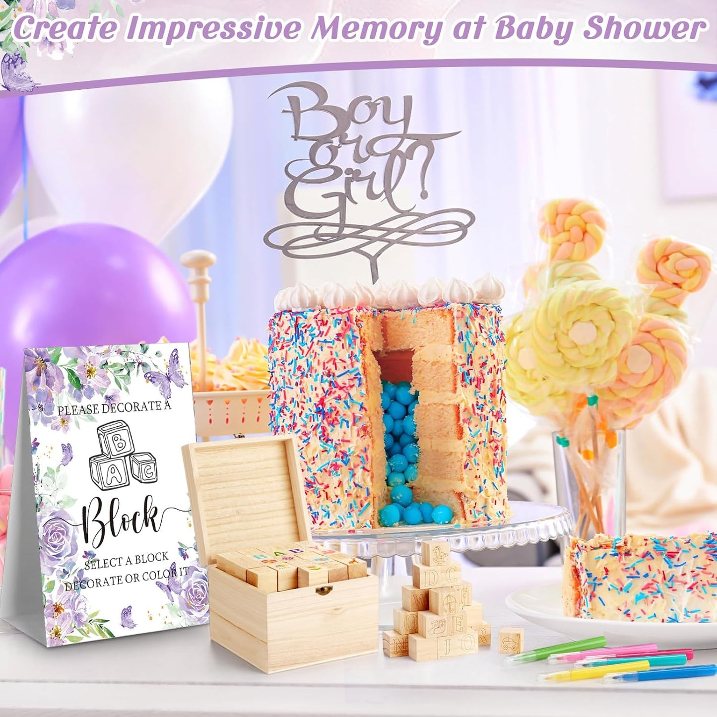 Marsui 136 Pcs Baby Shower Blocks to Decorate Game Kit Includes 98 Wooden Blocks, 36 Markers, 1 Game Sign, 1 Storage Box for Baby Shower Gender Reveal Activity Party Decorations(Butterfly)