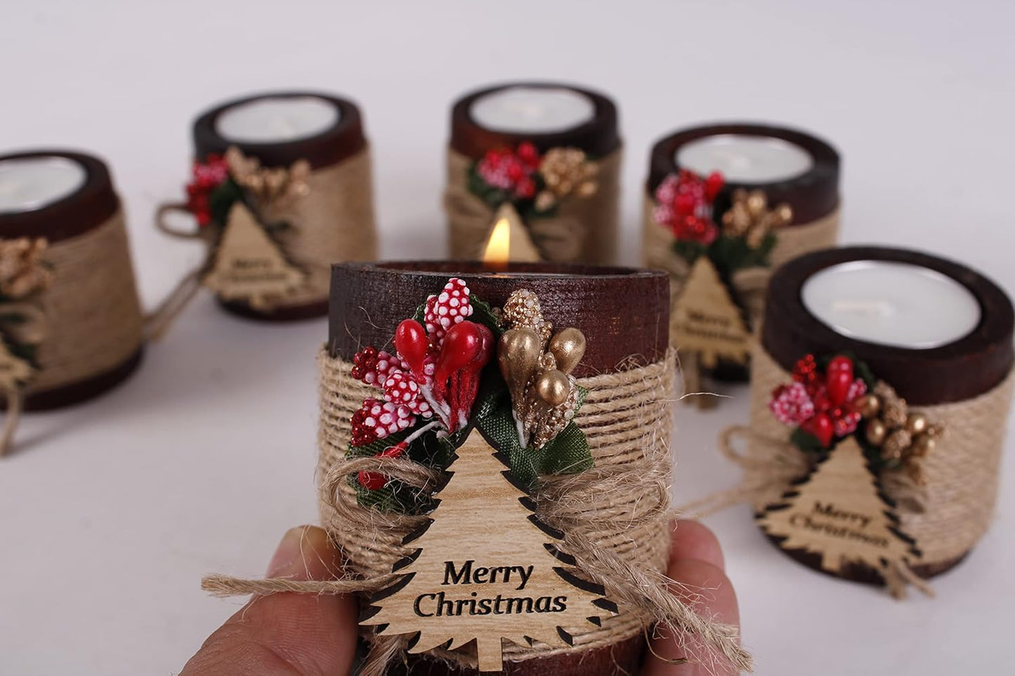 HTF Pack of 10 Christmas Decorations Wood Tealight Candle Holder, Coworker Gift, Happy, New Year, Christmas Candles, Noel Xmas Decoration (CH-Tree, Dark Brown)
