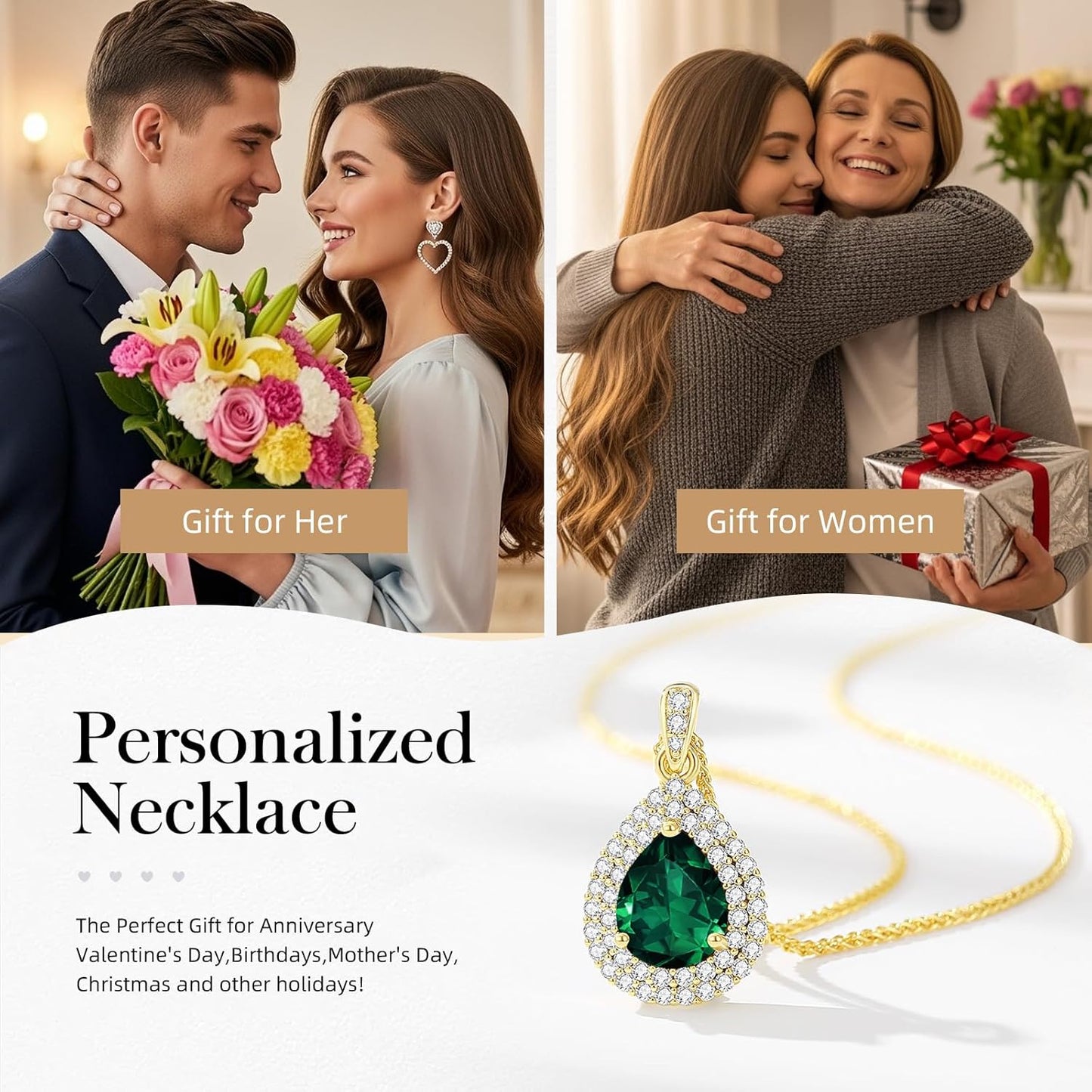 Gold Necklace for Women-Teardrop Birthstone Pendant-18K Gold Plated Chain with Light-Up Gift Box, Jewelry for Women,Anniversary Birthday Gifts for Her Wife Girlfriend Mom,Womens Jewelry