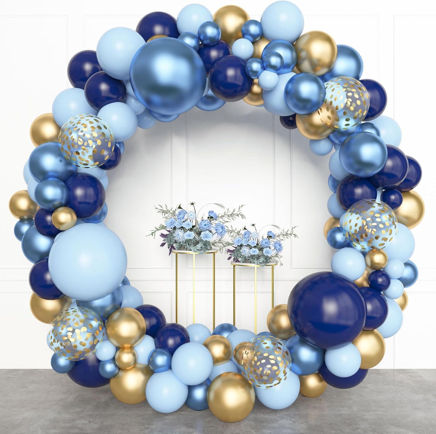 Amandir 153pcs Navy Blue Gold Balloon Garland Arch Kit, Different Sizes 18 12 10 5 inch Pastel Blue Latex Metallic Confetti Balloons for Boys Graduation Birthday Party Ocean Baby Shower Decoration