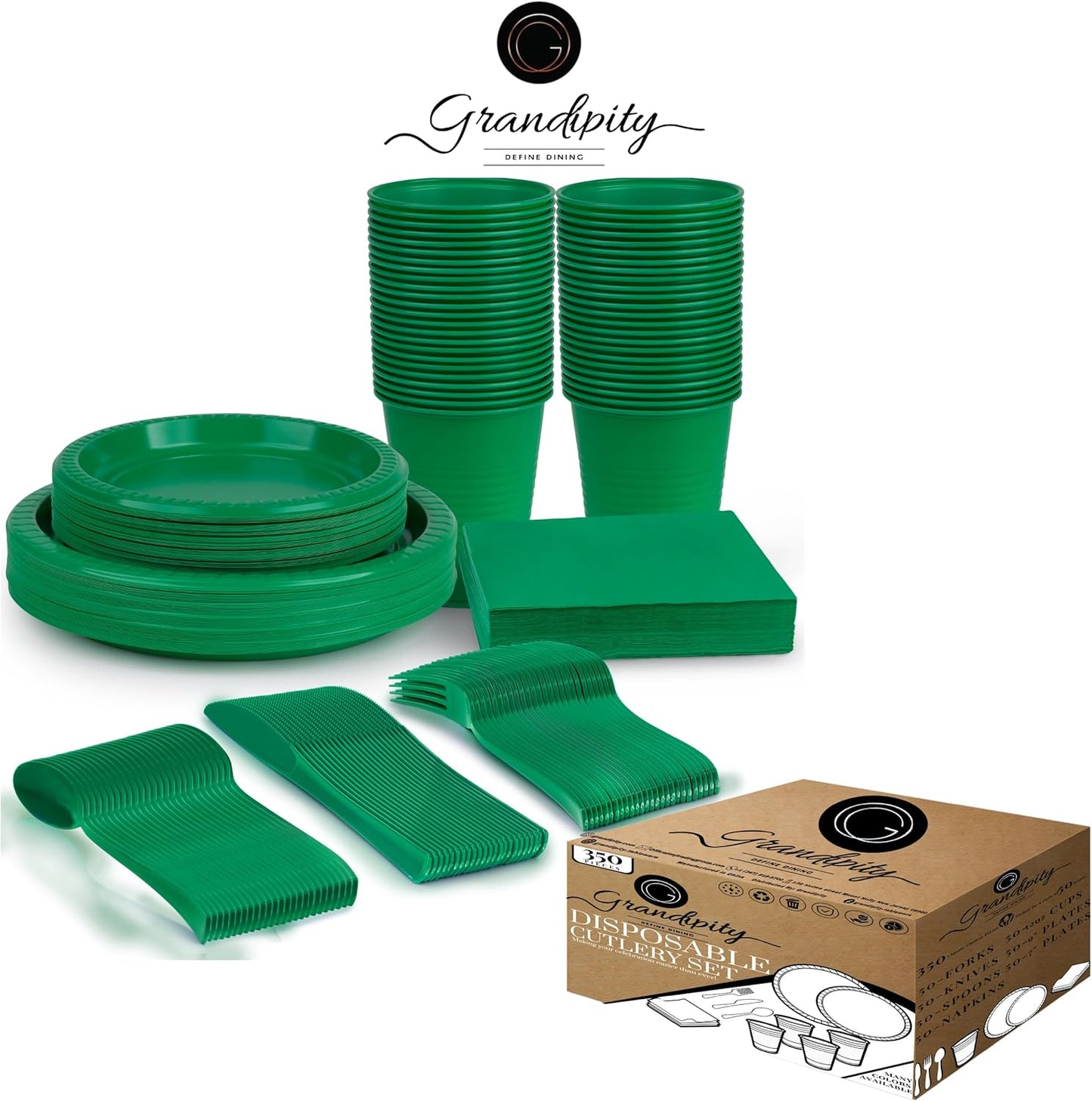 Grandipity 350 Piece Green Disposable Dinnerware Set, Includes 50 of Each: 9" Dinner Plates, 7" Dessert Plates, 12oz Cups, Paper Napkins, Forks, Knives & Spoons