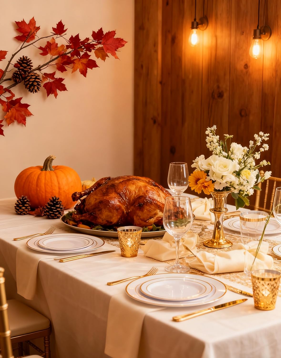 GATHER 350PCS White and Gold Plastic Plates - Disposable Plastic Dinnerware Set Include 50 Dinner Plates, 50 Dessert Plate, 150 Silverware, 50 Napkins, 50 Cups for Party & Wedding & Thanksgiving