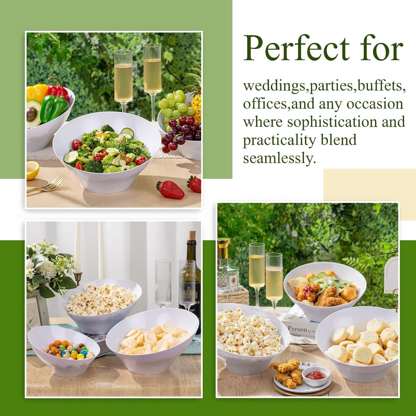 Liacere 16PCS White Plastic Serving Bowls - 54 OZ Angled Table Salad and Fruit Bowls - Disposable for Chip&Candy - Ideal for Party & Wedding & Halloween