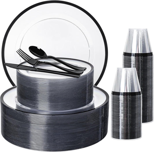 N9R 600PCS Clear and Black Disposable Plates Set, Heavy Duty Plastic Dinnerware Set for 100 Guests Includes 100 Dinner & Dessert Plates, Cups, Spoons, Forks, and Knives, Perfect for Parties, Weddings