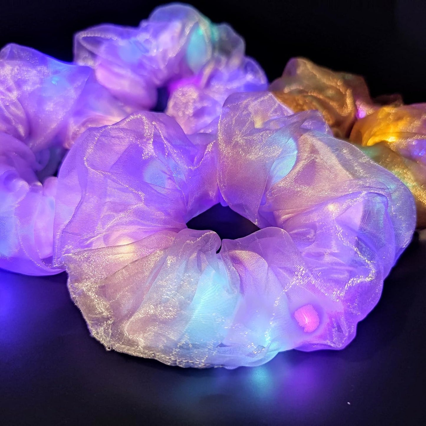 Light Up Scrunchies, Easter Gifts Scrunchy Hair Ties Glow in the Dark Party Supplies Glow Sticks Party Favor Festival Rave Accessories for Neon Party, Fun Hair Scrunchies (4Pcs-Purple+brown)