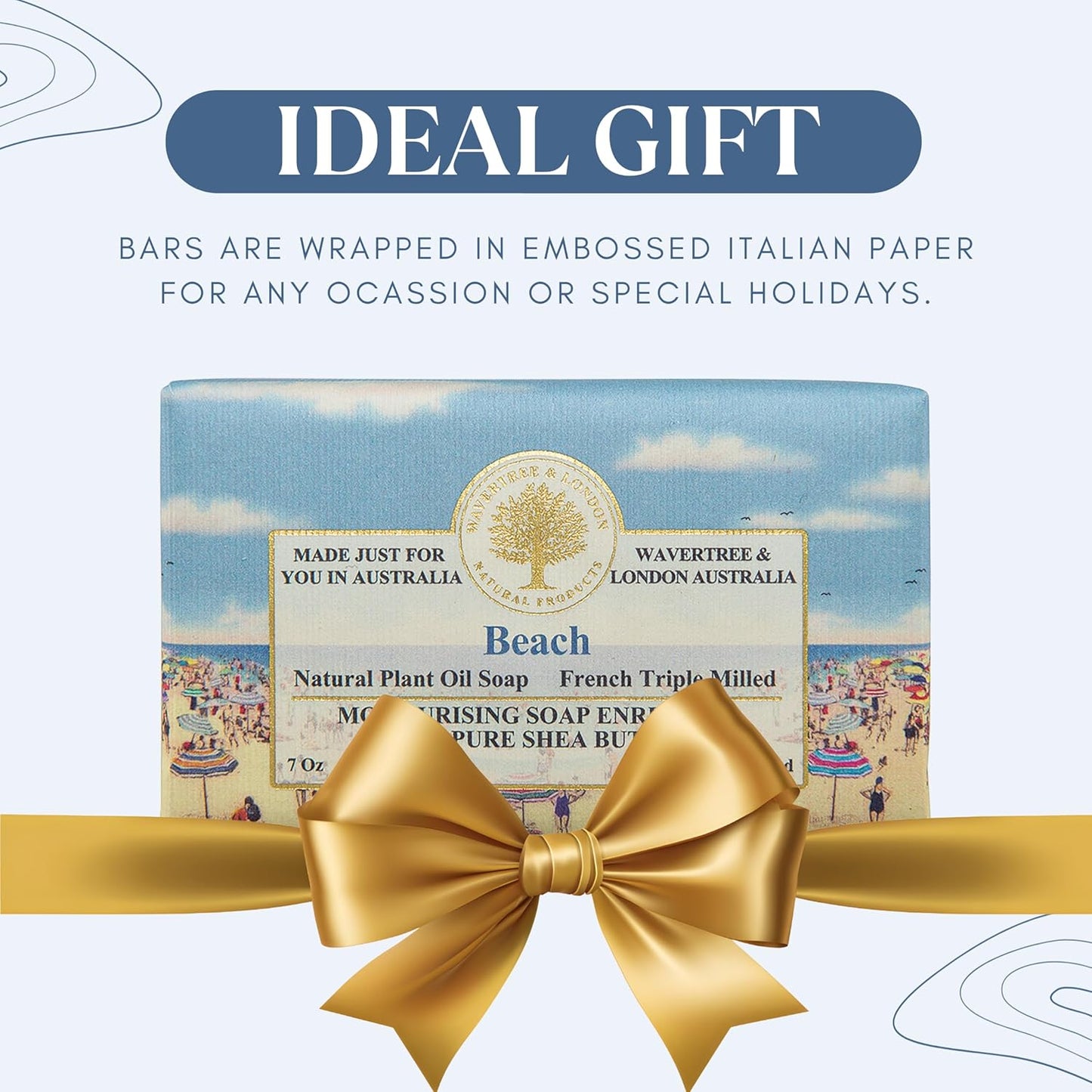 Wavertree & London Beach Scented Natural Soap (2 Bars), 7oz Moisturizing French Triple Milled Soap Bars enriched with shea butter - Pure Plant Based Bath & Body Bars for All Skin Types