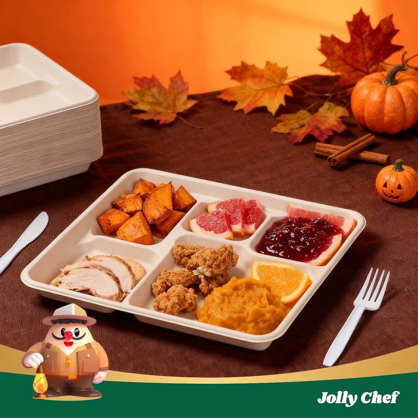 JOLLY CHEF Compostable 𝟱 Compartment 𝟭𝟭 * 𝟴 𝗶𝗻𝗰𝗵 Paper Plates [𝟭𝟬𝟬 𝗣𝗮𝗰𝗸] Heavy Duty Small Natural Divided Eco-Friendly Biodegradable Food Trays for Dinner Lunch Thanksgiving Day